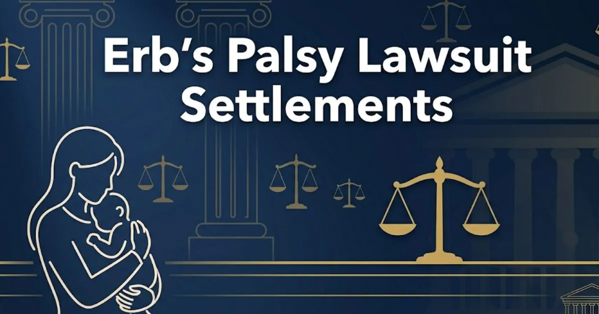 Erb's palsy lawsuit settlements 2026 legal guide banner with scale of justice and parent silhouette on navy background