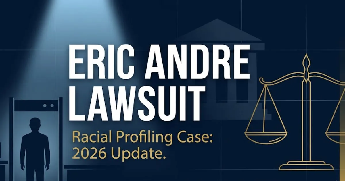 Eric Andre lawsuit blog banner showing courthouse scales and text about the 2026 racial profiling civil rights case
