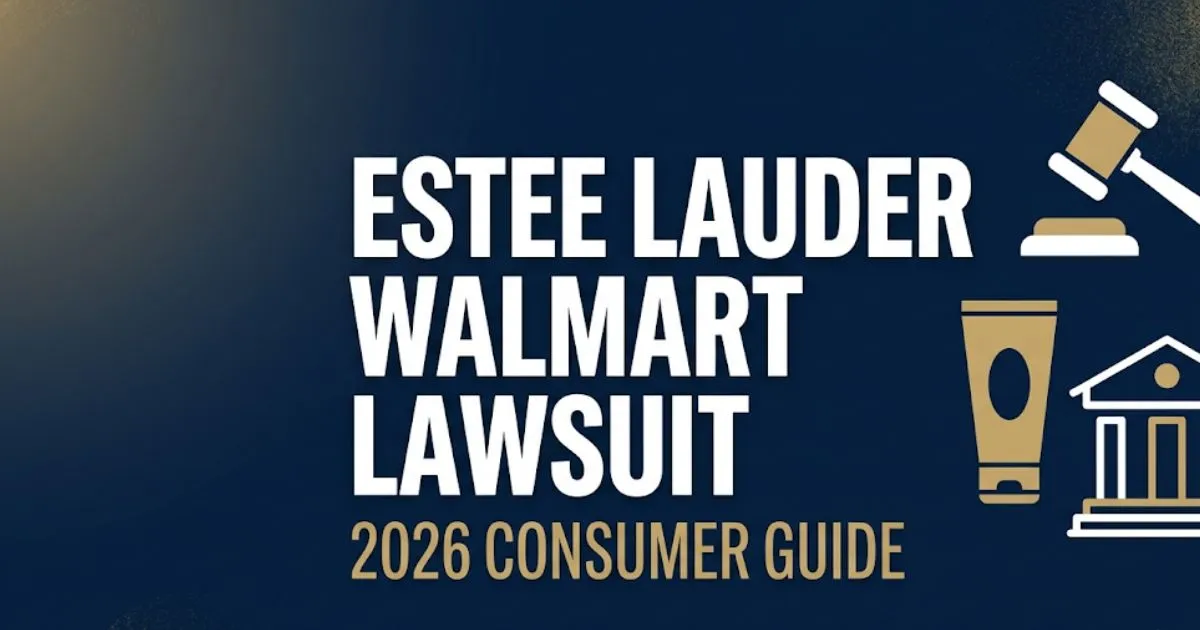 Estee Lauder Walmart lawsuit 2026 consumer guide banner with legal gavel and cosmetic product icons