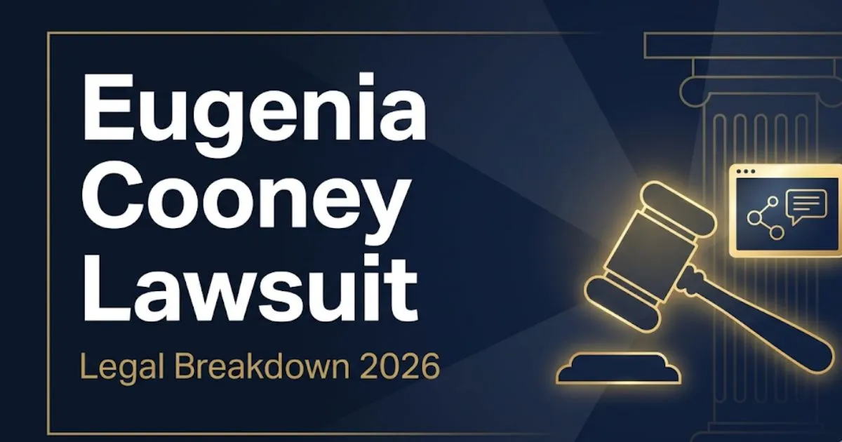 Eugenia Cooney lawsuit legal breakdown 2026 hero banner with gavel icon and legal symbols on navy background