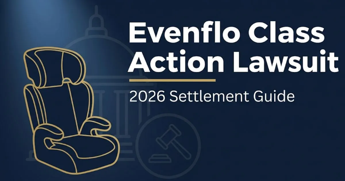 Evenflo Class Action Lawsuit 2026 settlement guide banner with booster seat silhouette and legal icons