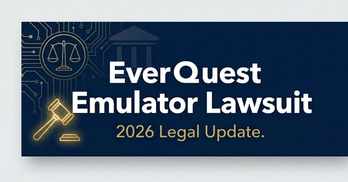 EverQuest emulator lawsuit 2026 legal banner with courthouse icons and Daybreak copyright case details