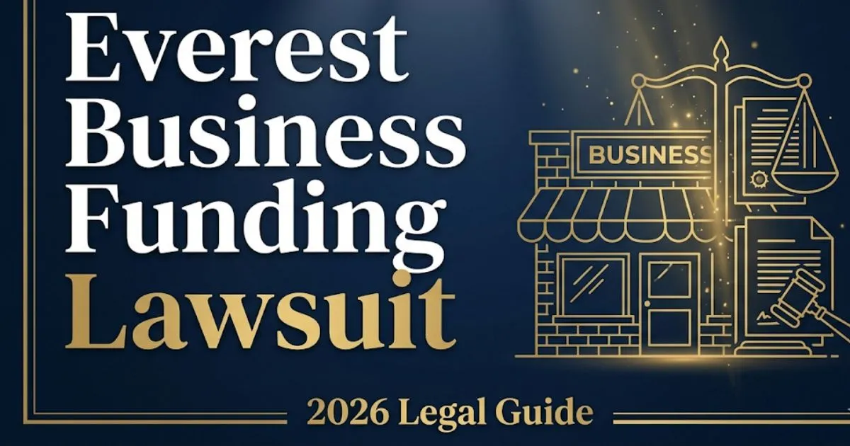 Everest Business Funding Lawsuit 2026 legal guide banner with navy background, gold legal icons, and bold headline text.