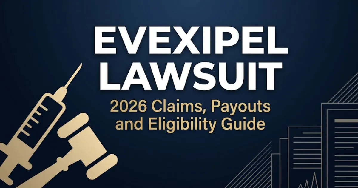 Evexipel lawsuit 2026 banner showing legal gavel and medical symbols with settlement and eligibility guide text