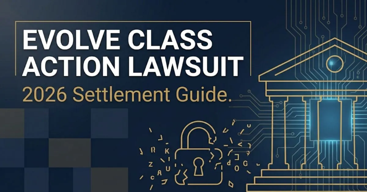 Evolve class action lawsuit hero banner showing courthouse silhouette and data breach legal theme in navy and gold