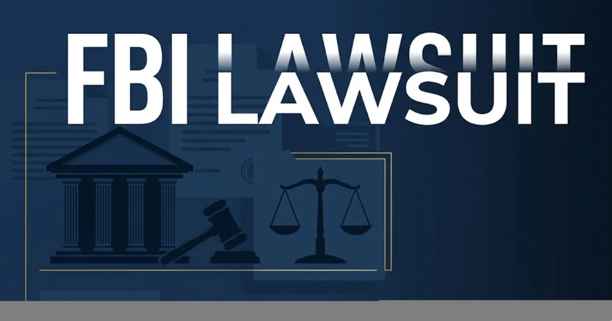 FBI lawsuit 2026 legal guide with courthouse and gavel icons on navy background