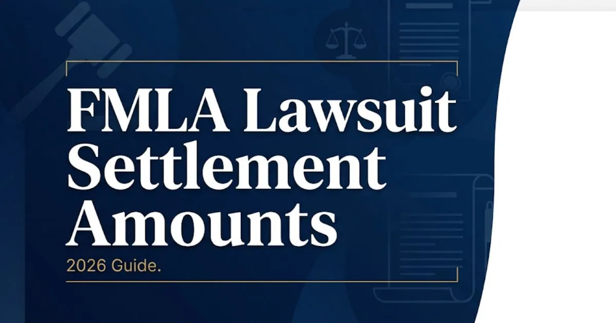 FMLA lawsuit settlement amounts 2026 guide with legal scales and gavel icons on navy background