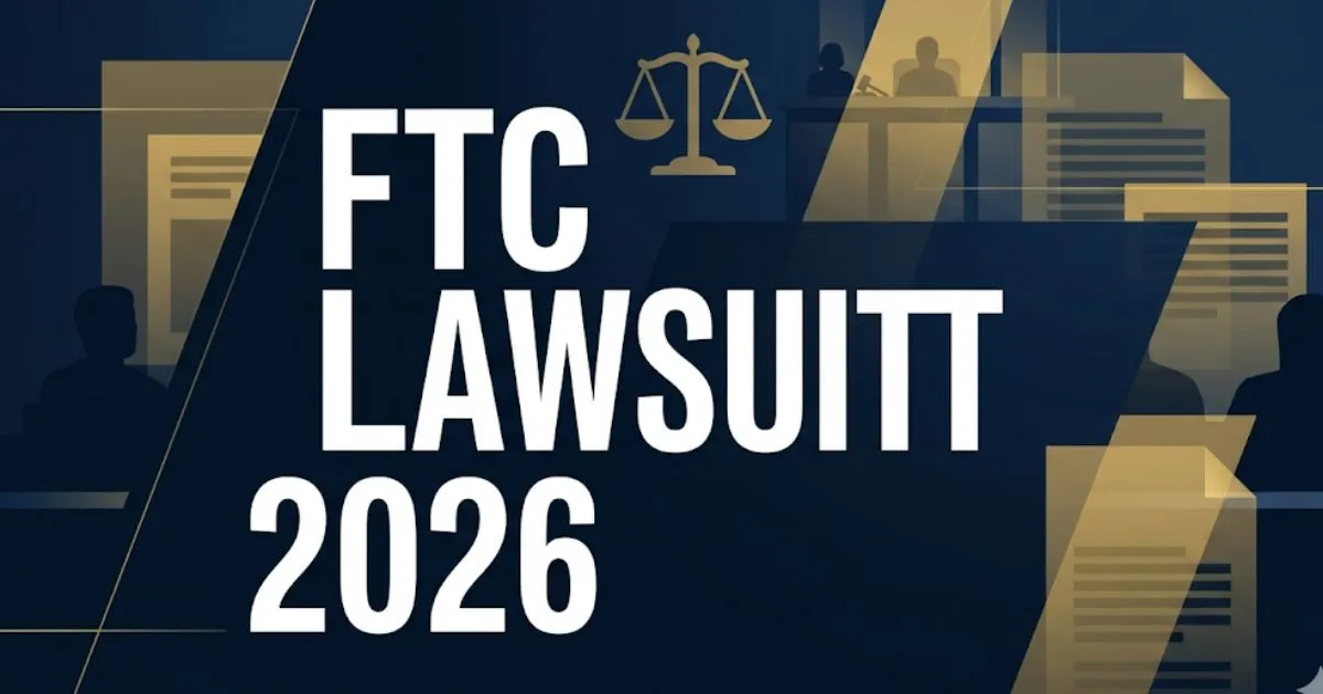 FTC lawsuit 2026 editorial banner with legal scales and courthouse silhouette on navy background