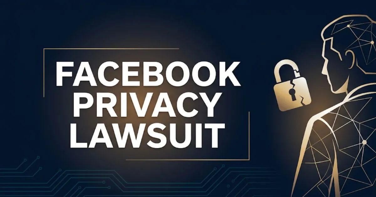 Facebook privacy lawsuit 2026 hero banner with cracked padlock silhouette on navy background