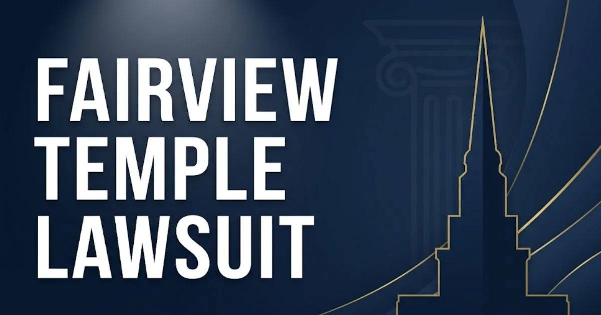 Fairview temple lawsuit 2026 legal case overview banner with temple silhouette and courthouse symbols on navy background