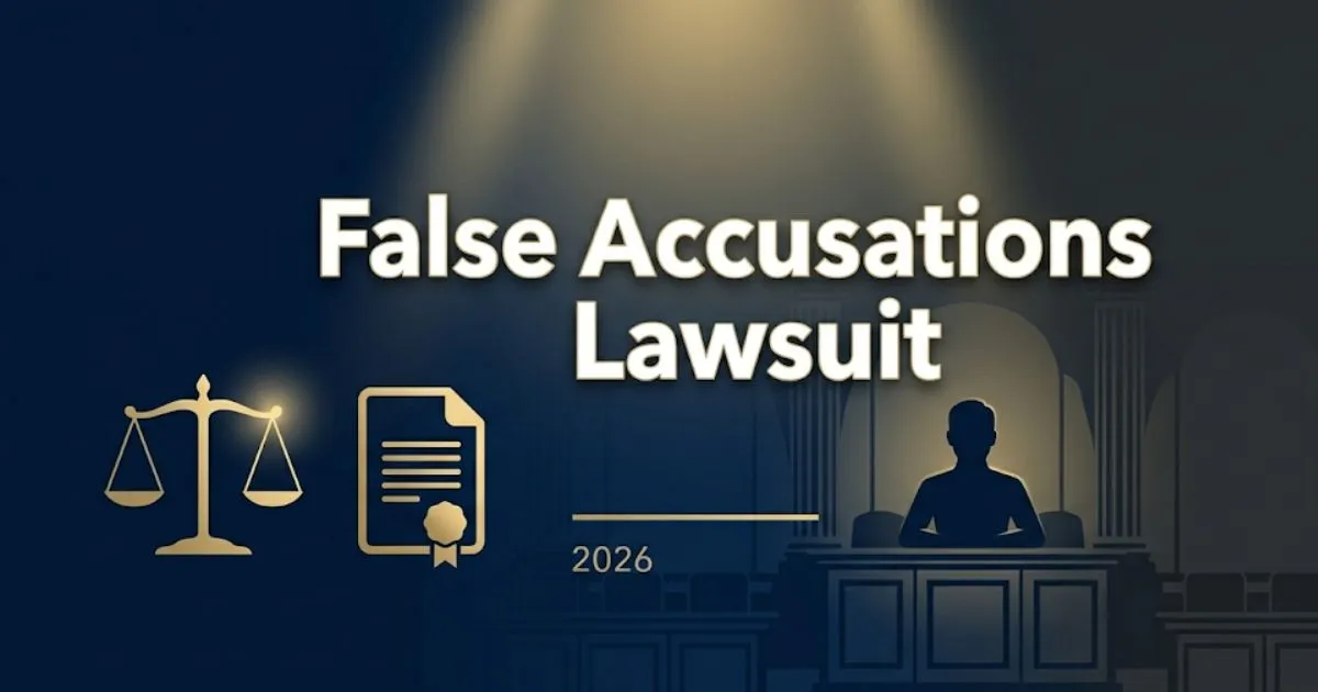 False accusations lawsuit legal guide 2026 showing courthouse silhouette and scales of justice on navy background