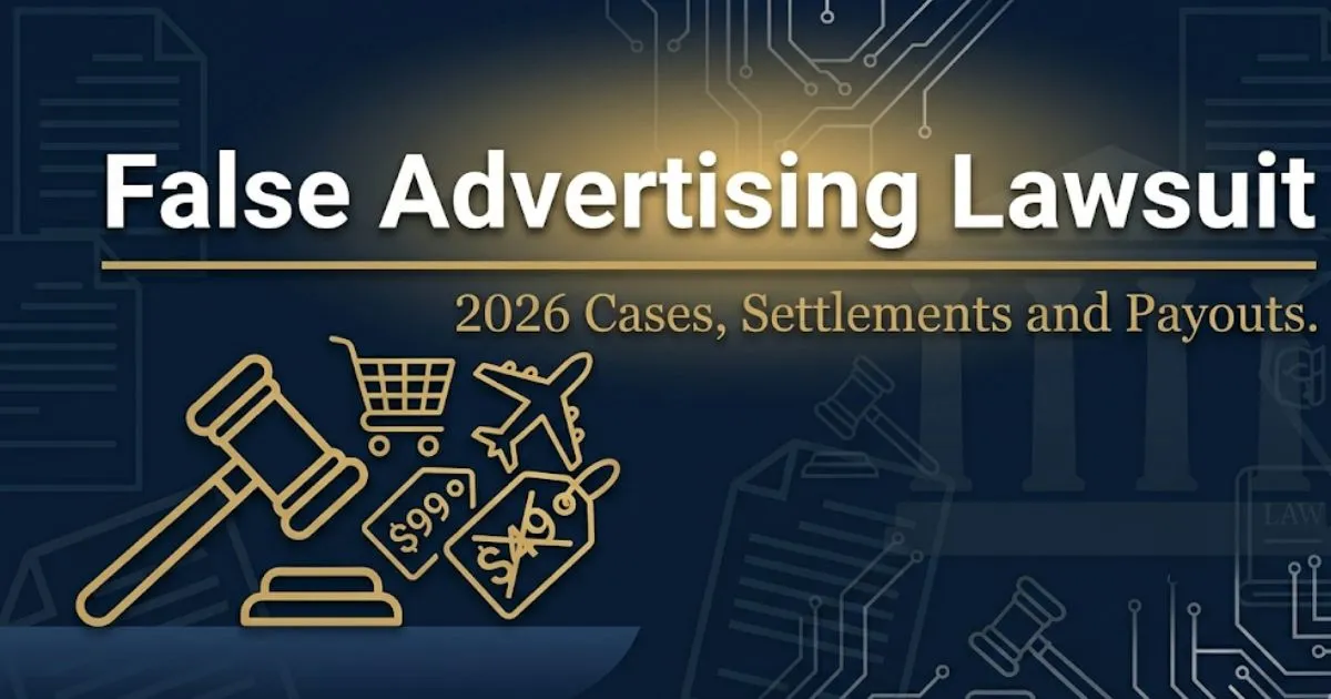 False advertising lawsuit 2026 hero banner showing gavel, shopping icons, and headline text on navy background