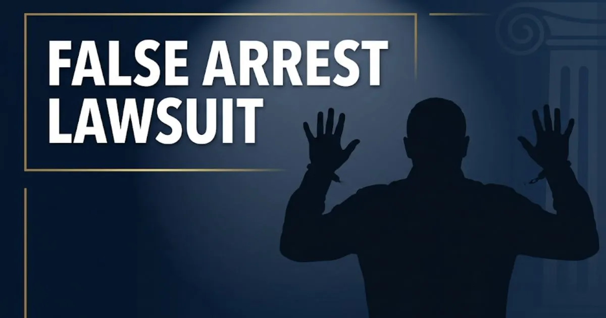 False arrest lawsuit hero banner showing silhouette figure and bold headline text on deep navy background with gold accents