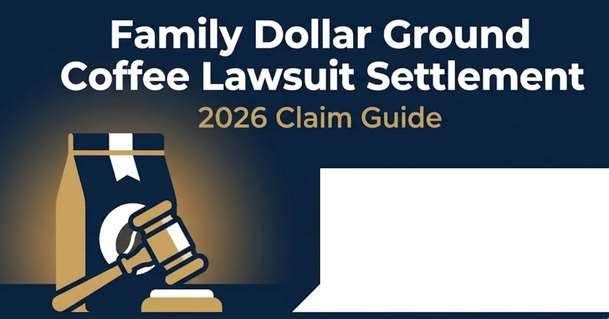 Family Dollar ground coffee lawsuit settlement 2026 banner with legal gavel and coffee bag silhouette on navy background