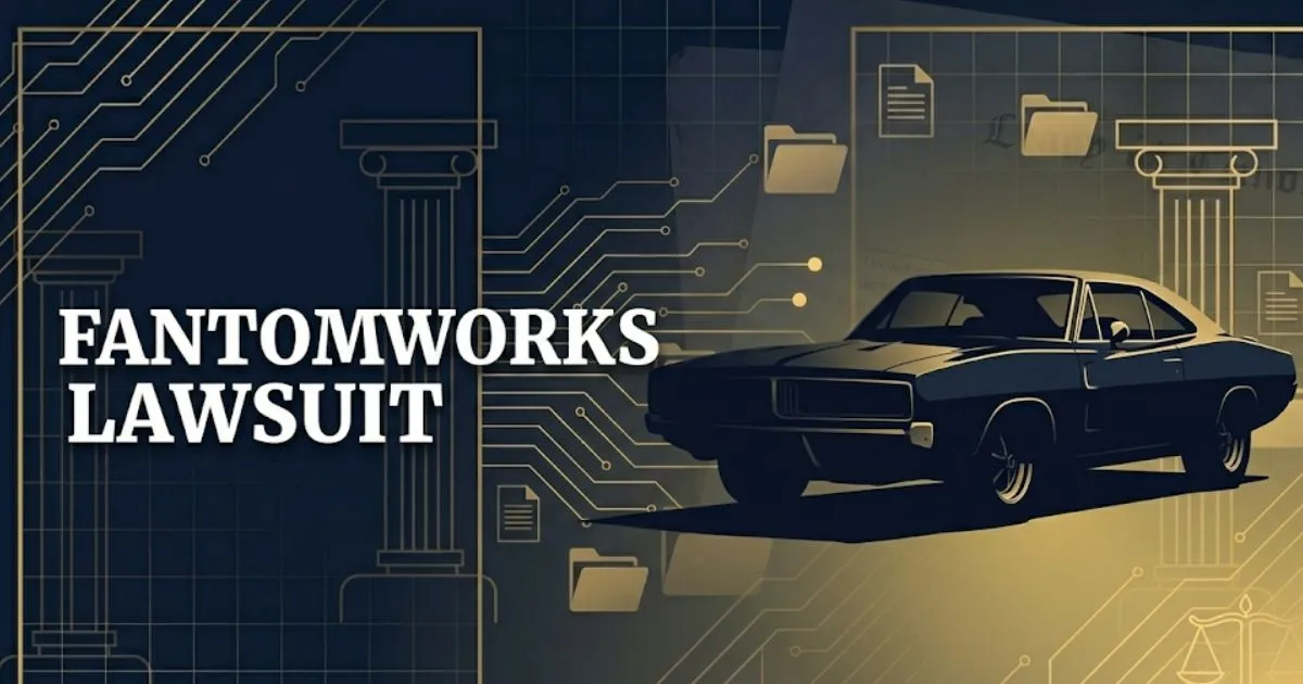 FantomWorks lawsuit blog banner with classic car silhouette and legal symbols on navy background