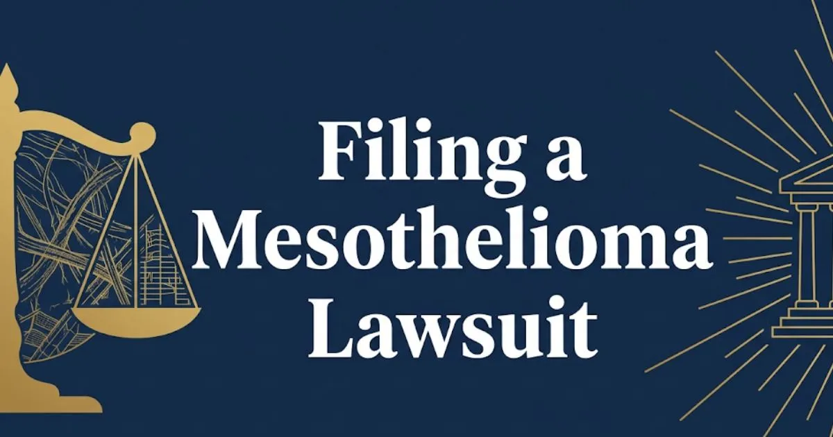 Filing a mesothelioma lawsuit guide banner with scales of justice and courthouse icons in navy and gold MAIN KEYWORD {{filing a mesothelioma lawsuit}} CLUSTER KEYWORDS {{paste cluster keywor