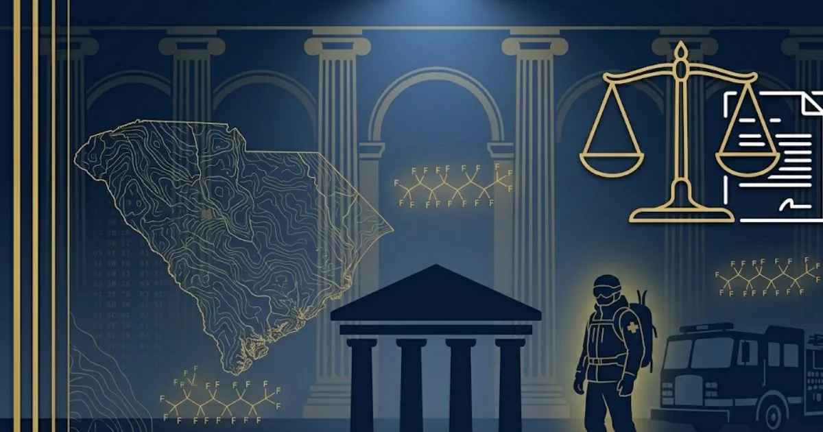 Firefighter foam lawsuit 2026 banner with firefighter silhouette and legal symbols