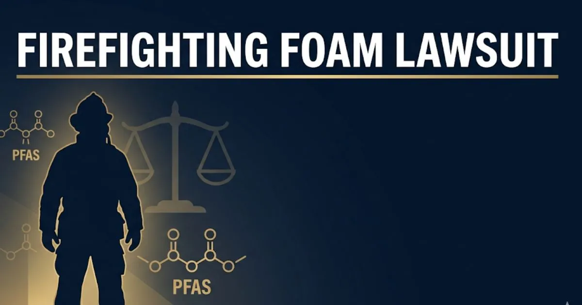 Firefighting foam lawsuit 2026 hero banner showing AFFF legal case details with navy and gold legal design