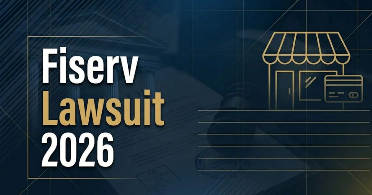 Fiserv Lawsuit 2026 blog banner with legal symbols and merchant silhouette on navy background