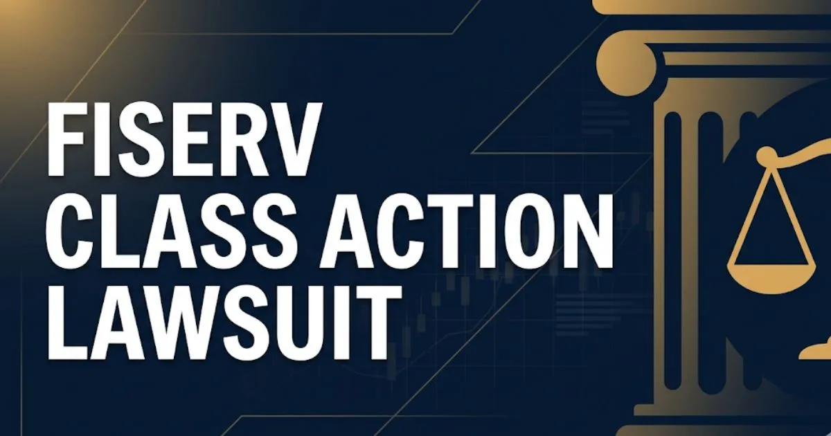 Fiserv class action lawsuit 2026 guide banner showing courthouse silhouette and legal scale icon on navy background