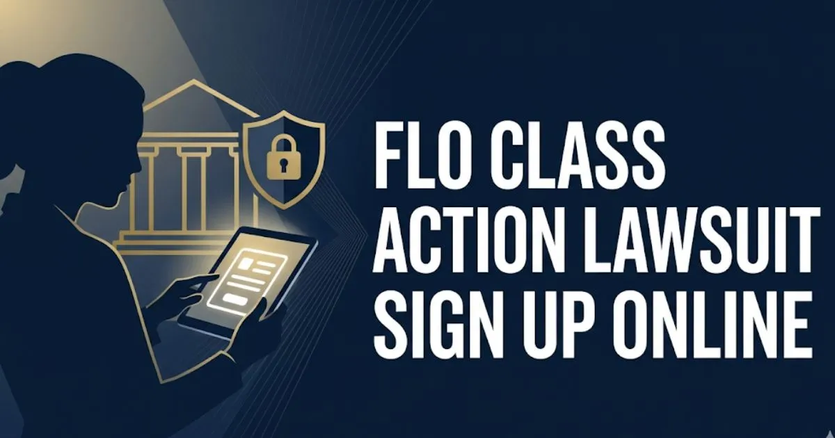 Flo class action lawsuit sign up online 2026 hero banner with legal icons and navy blue background