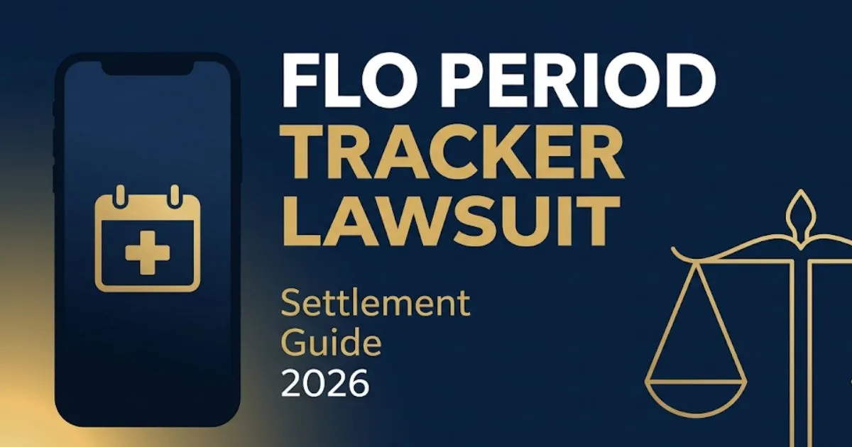 Flo period tracker lawsuit settlement guide 2026 legal banner with scales of justice and smartphone icon on navy background