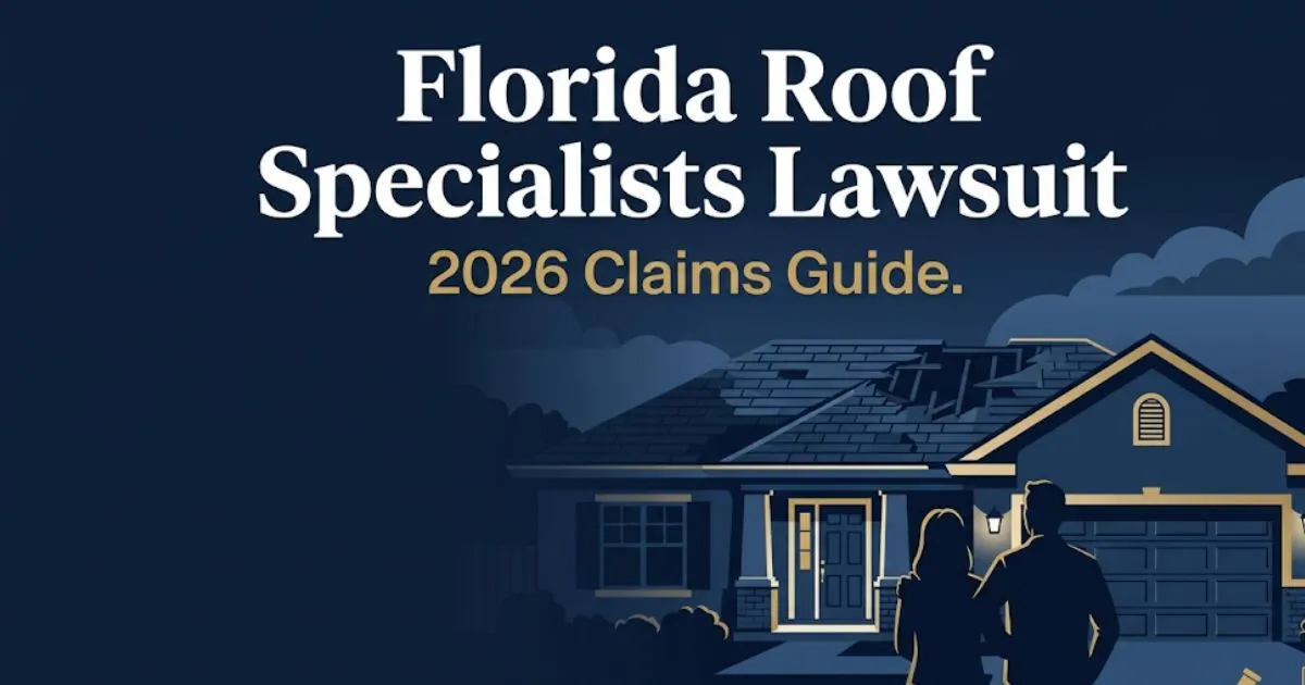 Florida Roof Specialists lawsuit 2026 guide banner showing damaged home silhouette and legal symbols on navy background