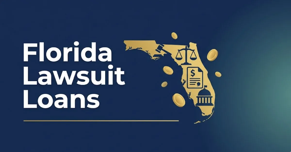 Florida lawsuit loans 2026 guide with legal icons and Florida state silhouette on navy background
