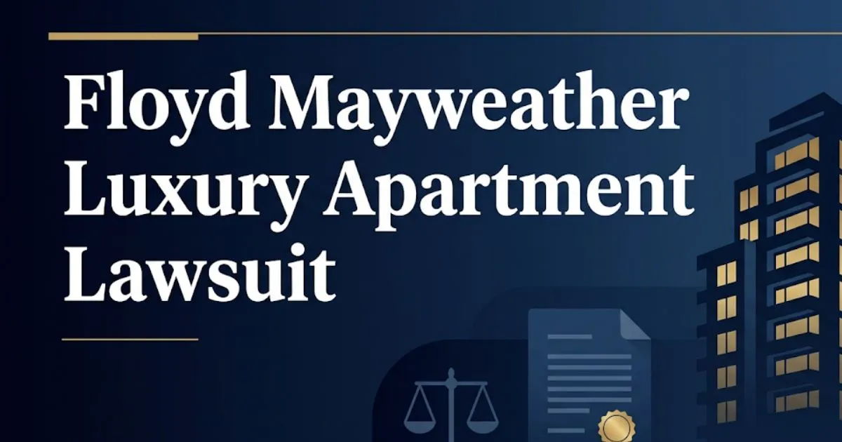 Floyd Mayweather luxury apartment lawsuit 2026 legal update banner with courthouse and apartment silhouette