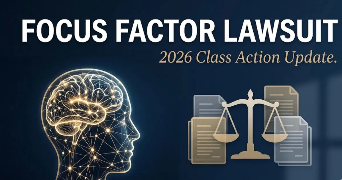 Focus factor lawsuit 2026 class action banner showing legal scales and brain silhouette on navy background