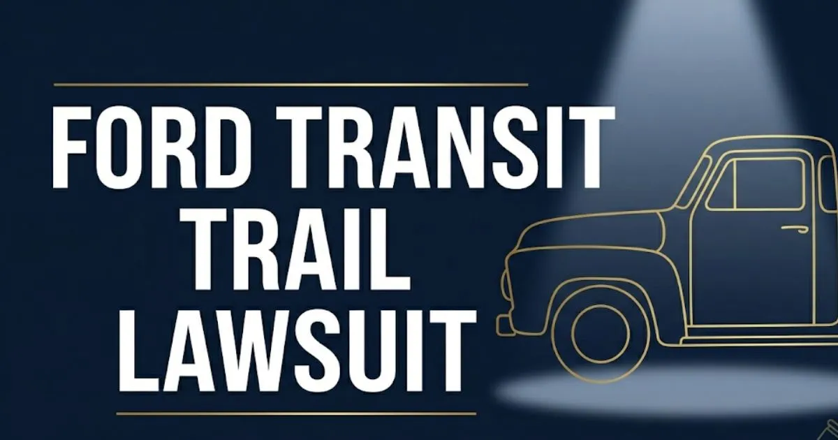 Ford Transit Trail lawsuit 2026 banner showing truck silhouette, gavel icon, and bold legal headline on navy background