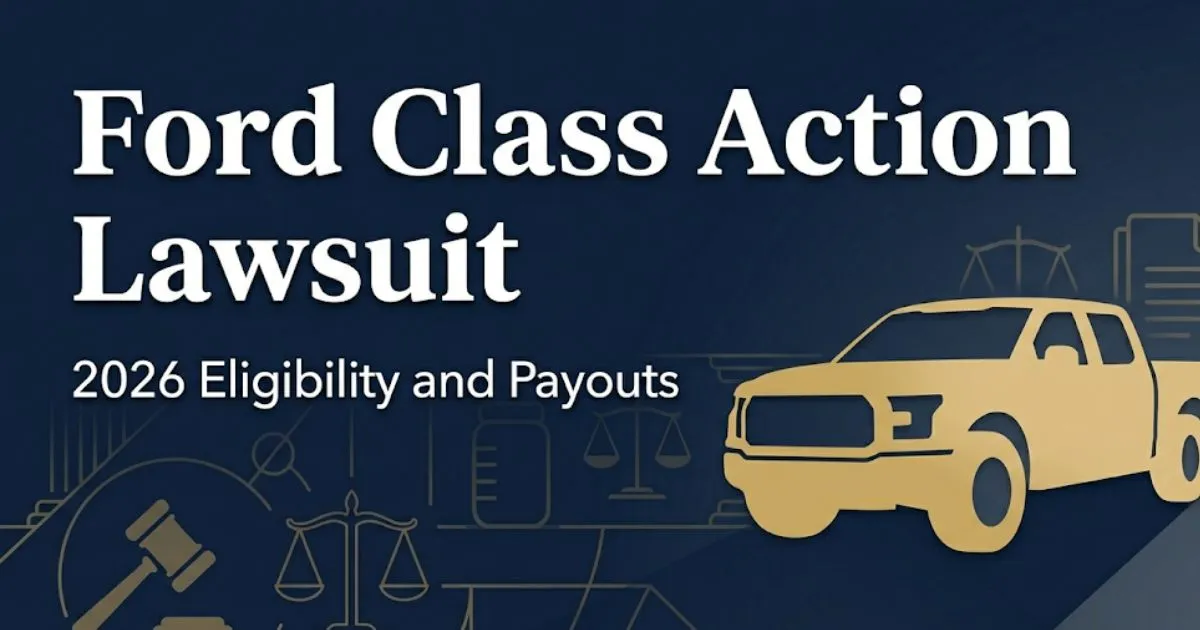 Ford class action lawsuit 2026 blog banner with legal scales and pickup truck silhouette on navy background
