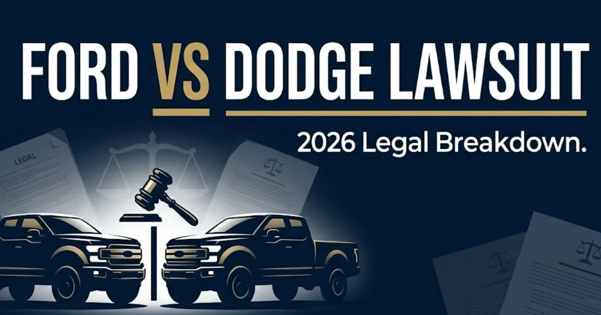 Ford vs Dodge Lawsuit 2026 legal breakdown banner with gavel and truck silhouettes on navy background