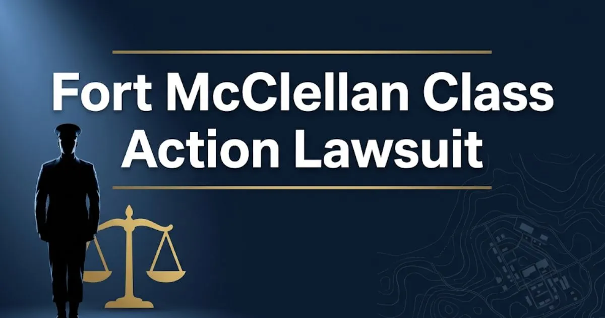 Fort McClellan class action lawsuit 2026 guide banner with legal scale and soldier silhouette on navy background
