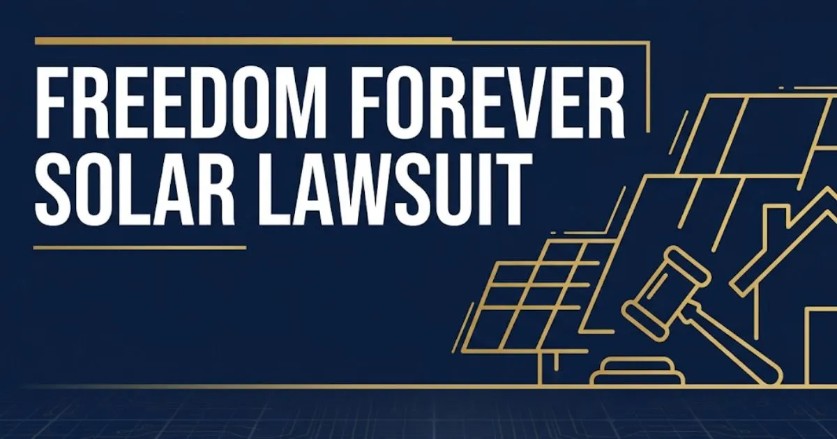 Freedom Forever Solar Lawsuit 2026 update banner showing solar panel silhouettes, gavel, and bold legal headline text