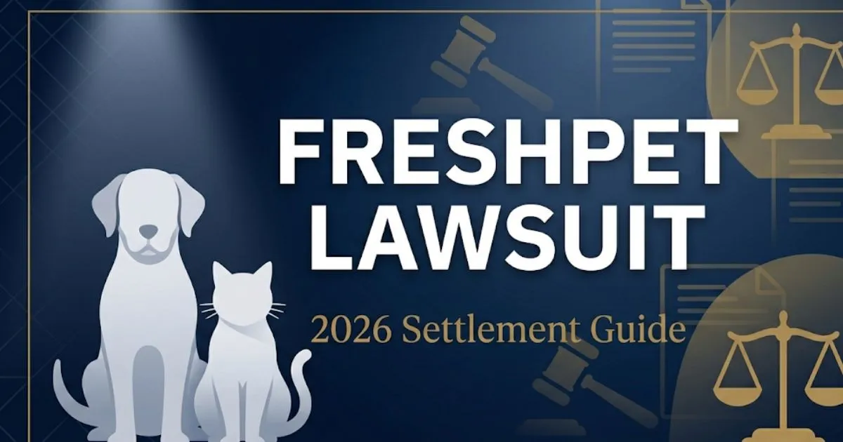 Freshpet lawsuit 2026 hero banner with legal scale icon and pet silhouettes on navy background