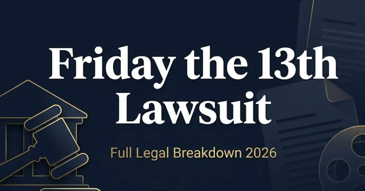 Friday the 13th lawsuit legal breakdown 2026 banner with courthouse silhouette and gold accents on navy background