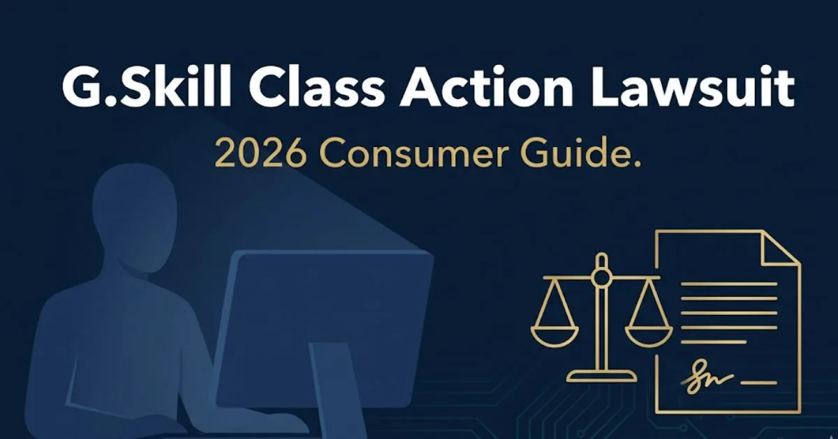 G.Skill class action lawsuit 2026 consumer guide banner with legal scale and PC silhouette on navy background