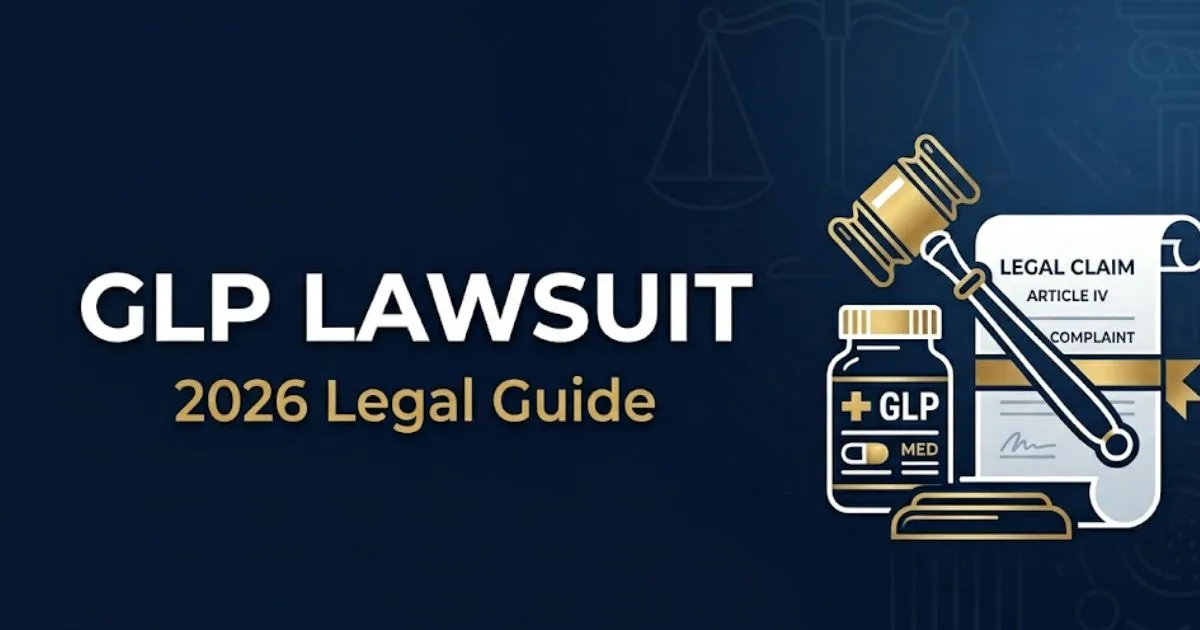 GLP lawsuit 2026 legal guide banner with gavel and medication icons on a navy background