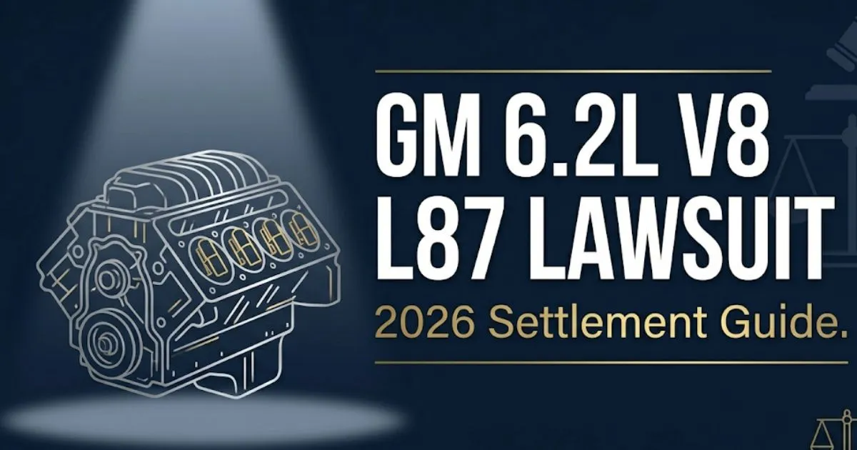 GM 6.2L V8 L87 lawsuit 2026 settlement guide banner with engine silhouette and legal icons