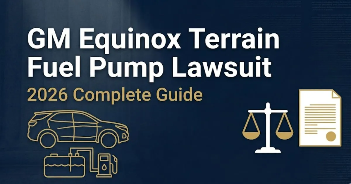 GM Equinox Terrain fuel pump lawsuit 2026 guide banner with legal icons and SUV silhouette on navy background