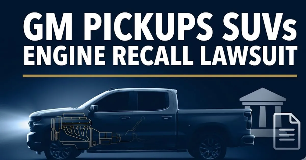 GM pickups SUVs engine recall lawsuit 2026 guide banner with truck silhouette and legal symbols on navy background