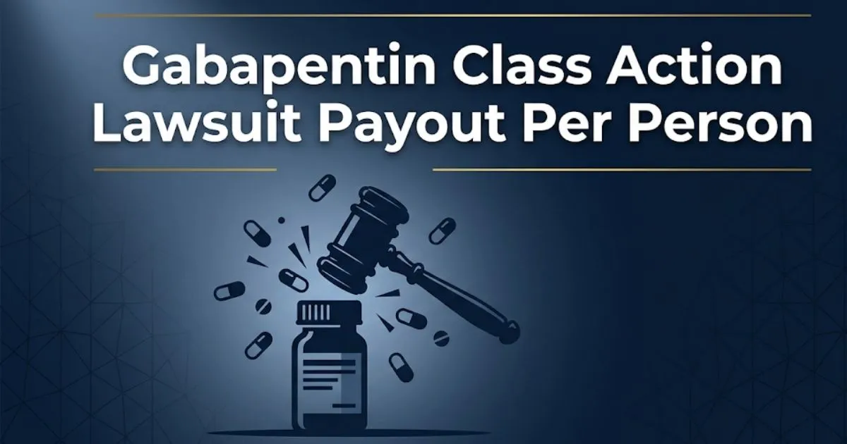 Gabapentin class action lawsuit payout per person 2026 legal guide with gavel and pill bottle graphic INPUT MAIN KEYWORD {{gabapentin class action lawsuit payout per person}} CLUSTER KEYWORD