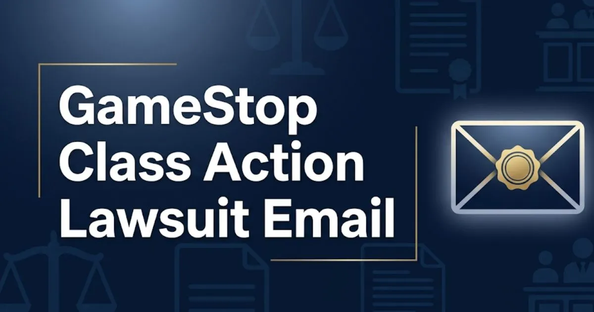 GameStop class action lawsuit email guide 2026 banner showing legal symbols, envelope icon, and bold headline text