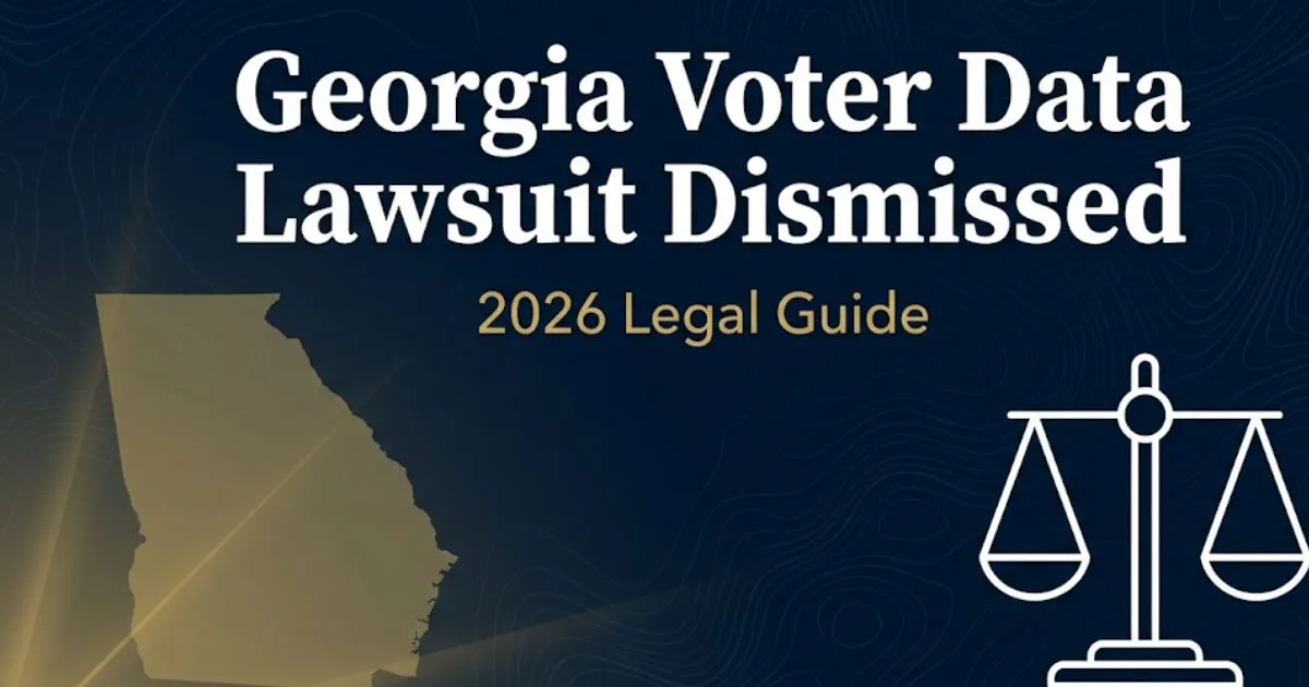Georgia voter data lawsuit dismissed 2026 legal guide banner with state silhouette and legal scales on navy background