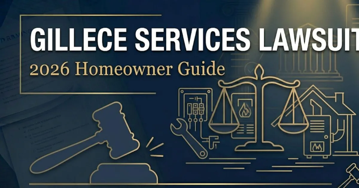 Gillece Services Lawsuit 2026 homeowner guide banner with gavel icon and legal document symbols on navy background