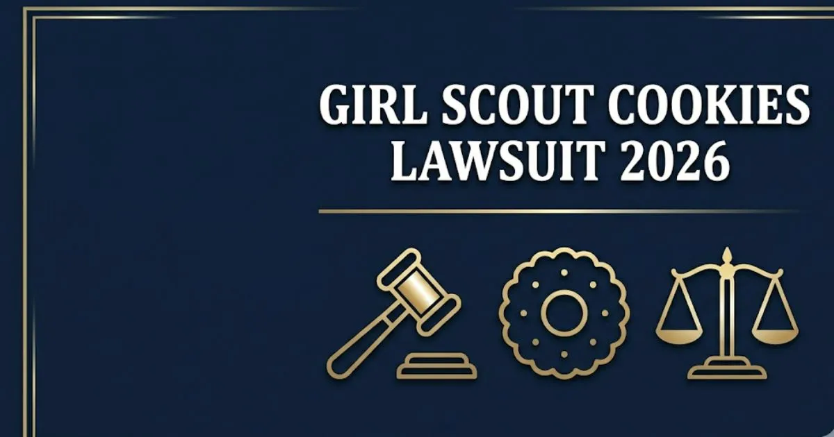 Girl Scout Cookies Lawsuit 2026 legal banner showing gavel and scales icons on a navy background