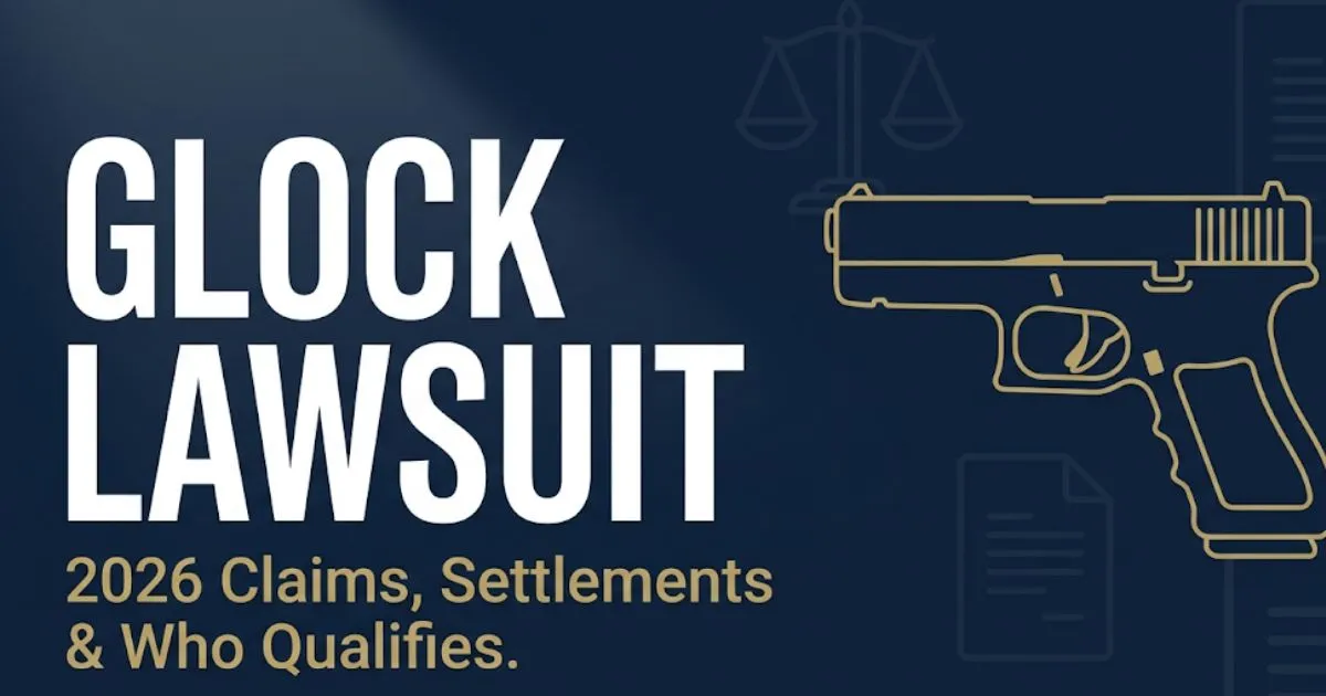 Glock lawsuit 2026 hero banner showing pistol silhouette, scales of justice, and bold headline text on navy background