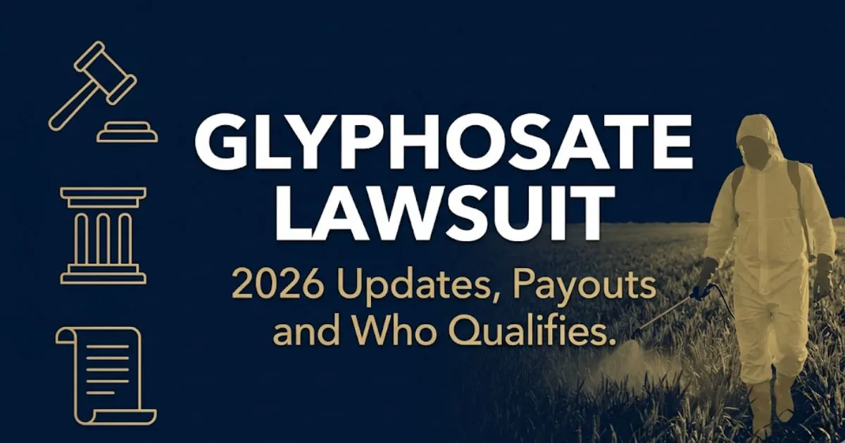 Glyphosate lawsuit 2026 hero banner showing legal icons, silhouette of field worker, and settlement update headline on navy background