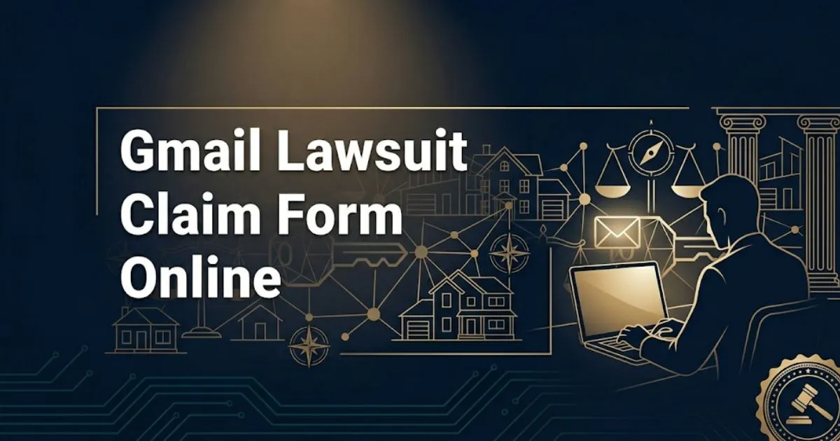 Gmail lawsuit claim form online 2026 legal guide banner with courthouse and email icon on navy background